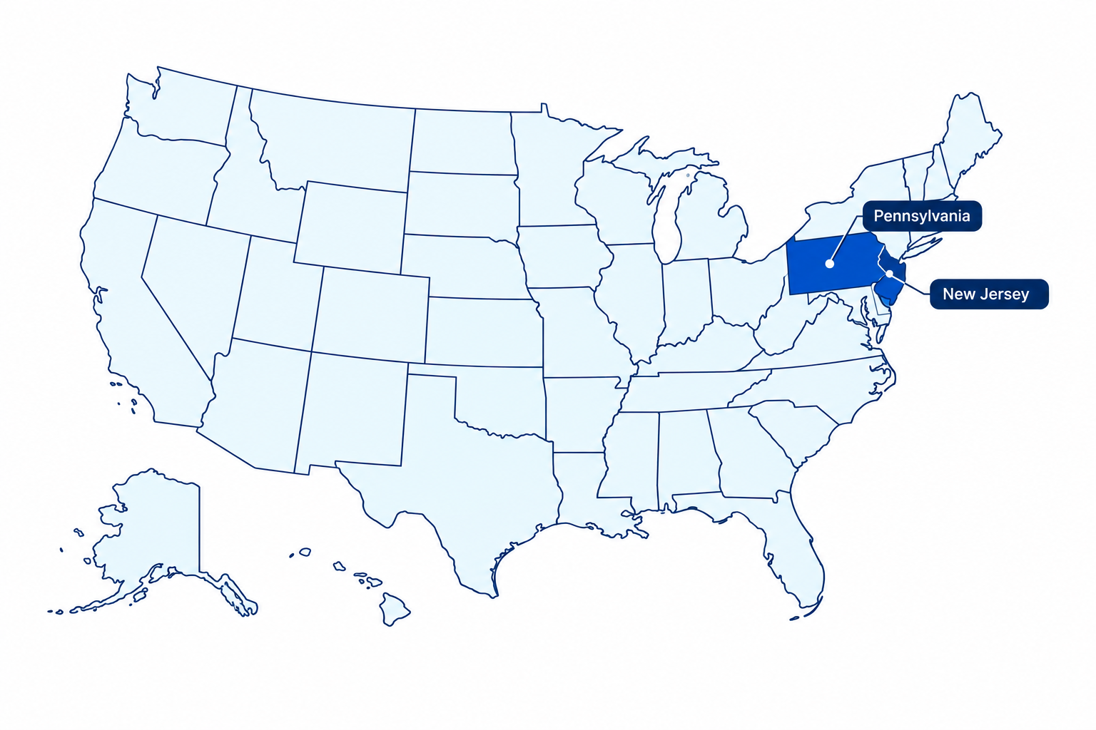 United States map showing Pennsylvania and New Jersey